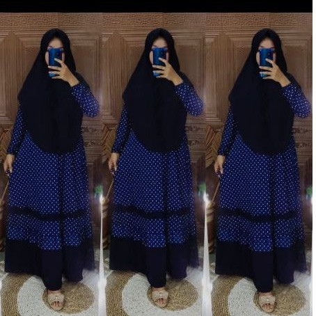 gamis polkadot jumbo navy + khimar