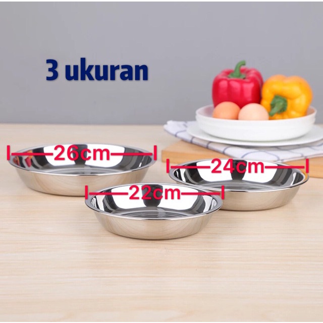 Nampan piring bulat tebal berkualitas serbaguna baki stainless steel polos pendek 20 22cm 24cm 26cm