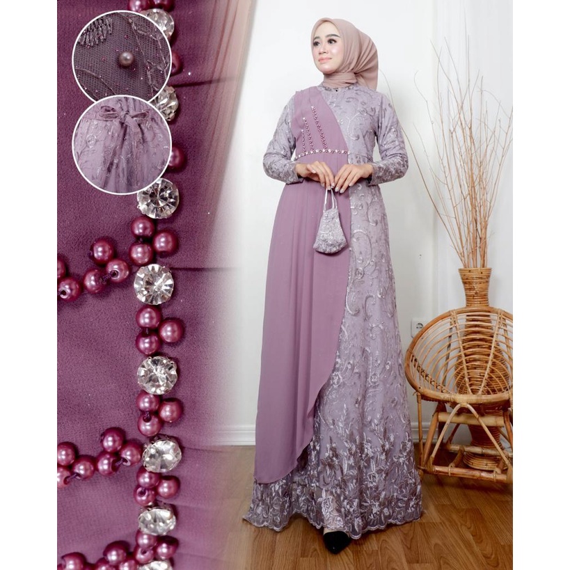 Permata Olshop / Kebaya Gamis Modern Tulle Brokat / Baju Gamis Konda¹ngan / Baju Kebaya Brukat / Gamis Seragam