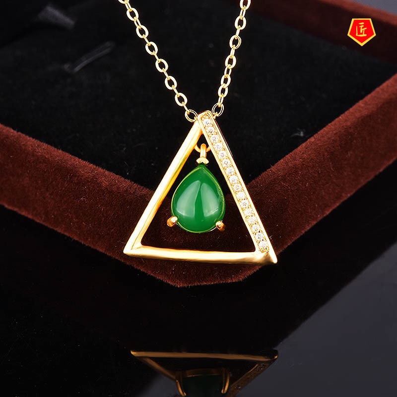 [Ready Stock]Hotian Jade Pendant S925 Silver Triangle Gold Necklace Elegant Graceful