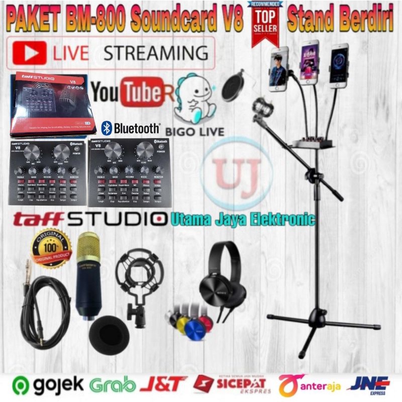 Paket Microphone BM800 Soundcard V8 Standing Berdiri 3x Phone Holder Tripod Rekaman Terbaik