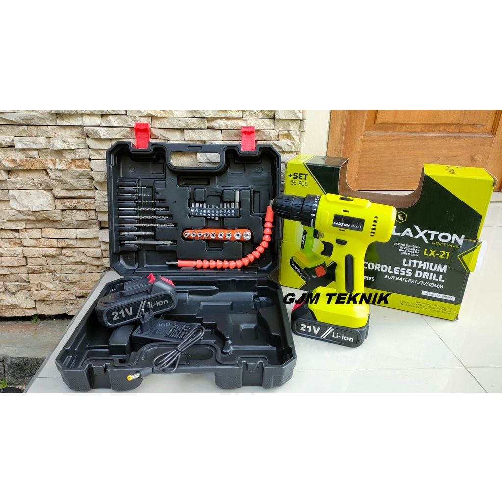 LAXTON Mesin bor baterai batre tangan cordless drill cas 21V LX21 10mm 26pcs