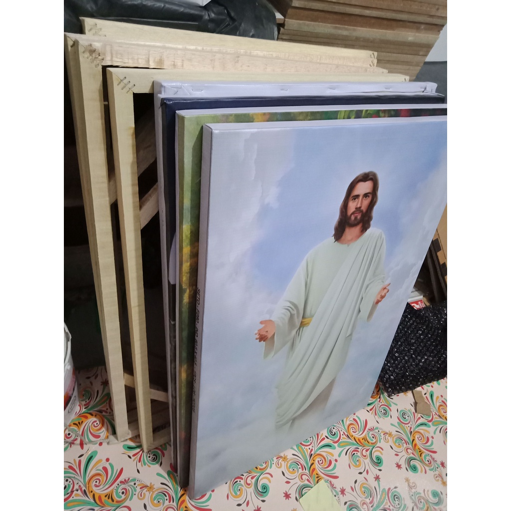 lukisan printing yesus bingkai spanram bahan banner flex bukan kanvas