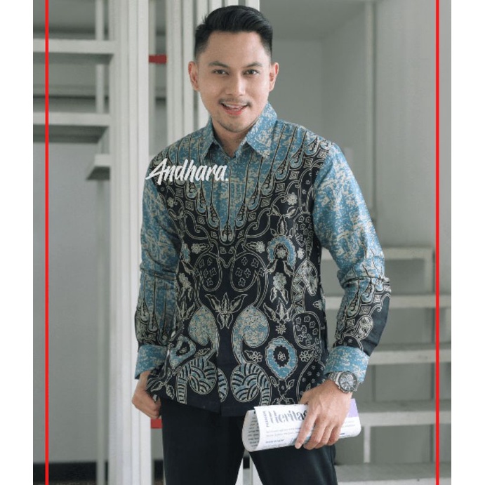 Kemeja Baju Batik Pria Cowok Lengan Panjang Slimfit Kasual Premium PERISAI BIRU 39