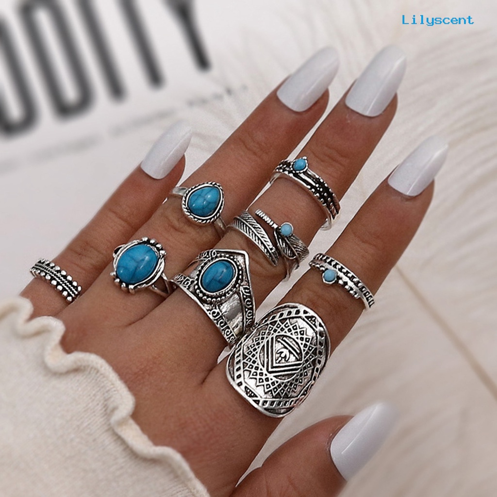 8pcs Cincin Knuckle Desain Daun Aksen Turquoise Imitasi Gaya Bohemian Untuk Unisex