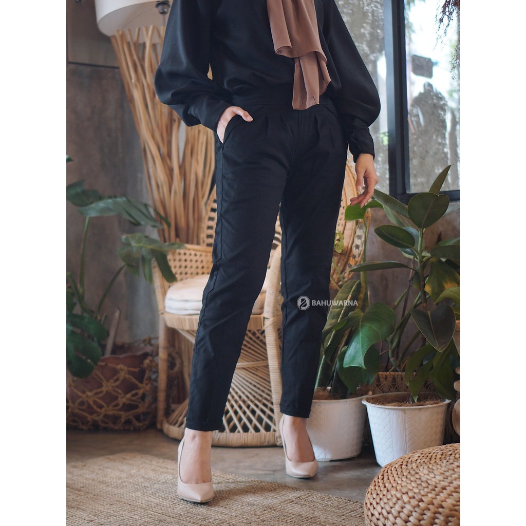 Celana Kerja Wanita Bahan Katun Stretch Slim fit Hitam Abu-abu Crem Nude