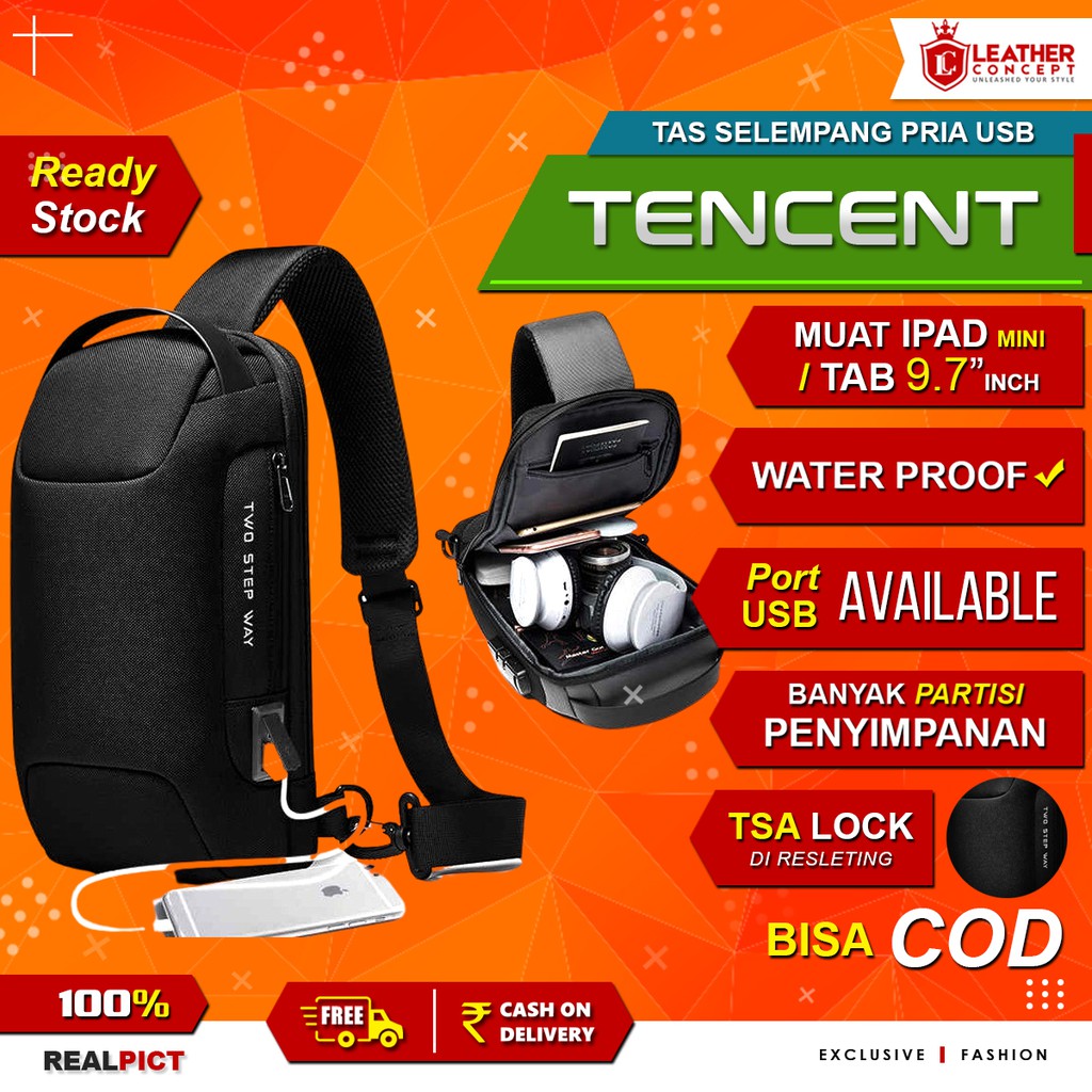 BANGE Tas Selempang Pria Tas Pria Sling Bag Pria Charger USB - TENCENT