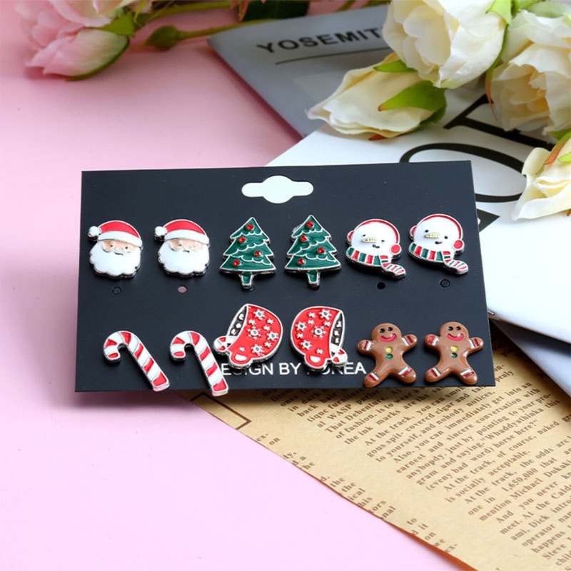 6 Pasang Anting Desain Santa Claus Snowman Dan Pohon Natal