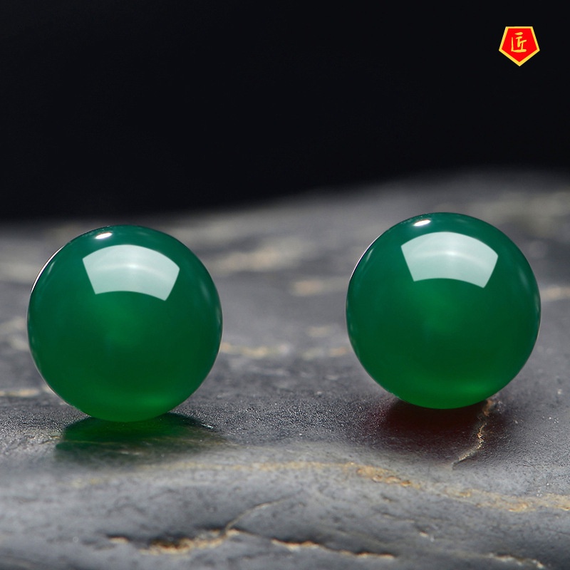 [Ready Stock]Fashion Green Chalcedony Red Agate Ear Studs Female Silver