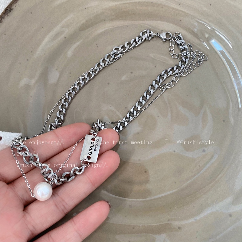 Double-layer twin titanium baja pelat persegi Kuba kalung untuk wanita in trendy hip-hop punk kalung