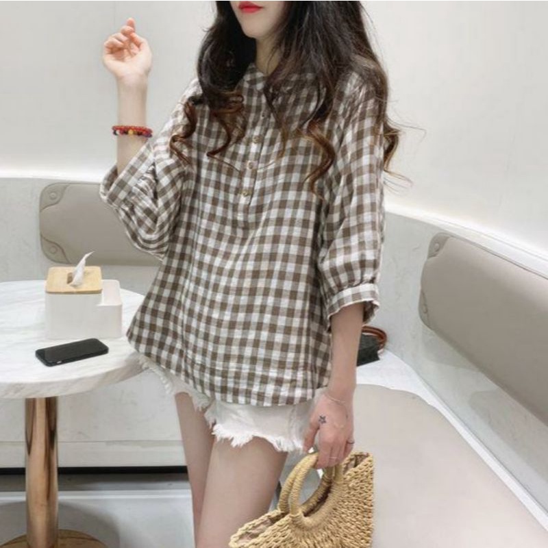 MDLV ~ 8939# Fernanda Plaid Shirt Kotak Kecil Blouse Kotak Import