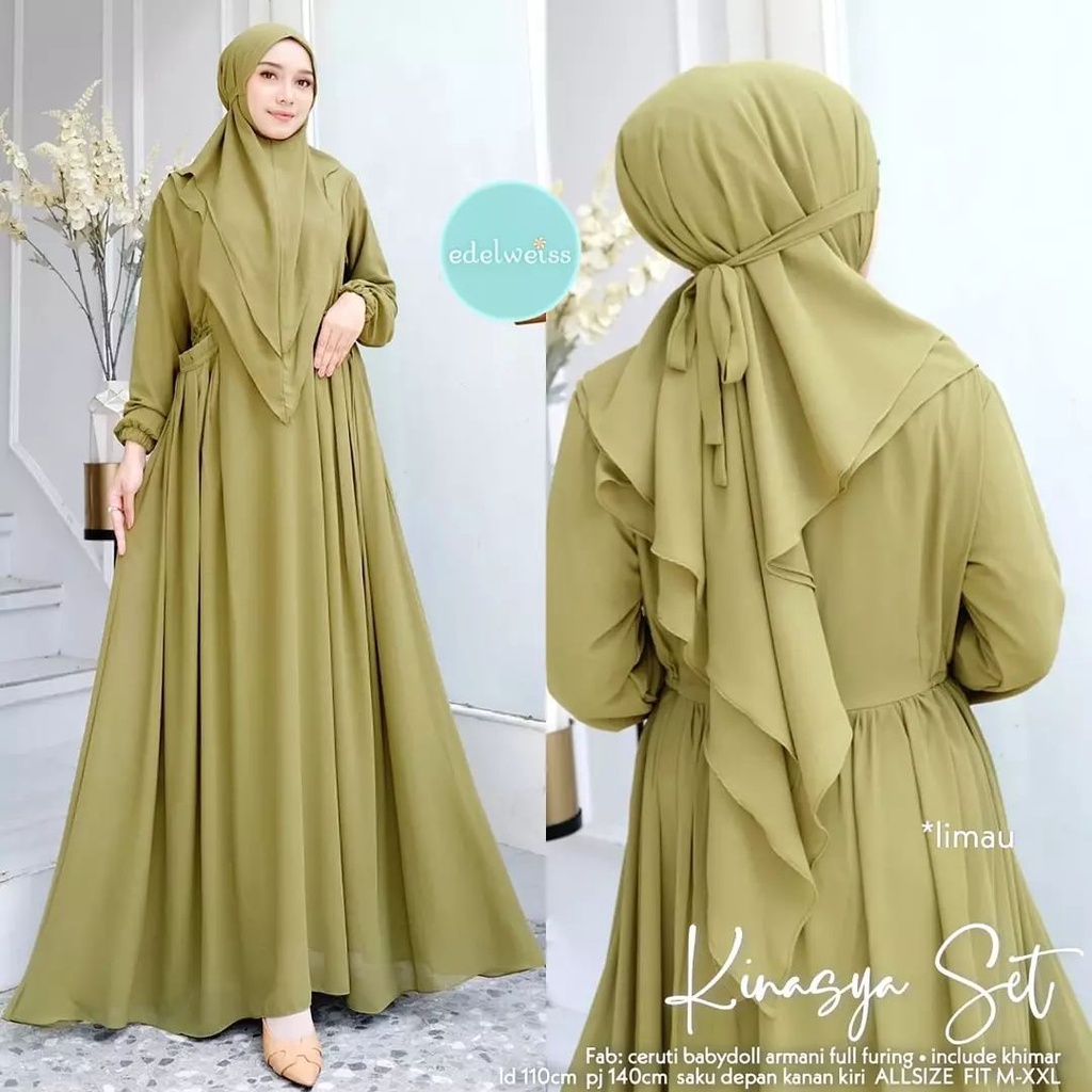 Kinasya Syari Gamis Set Khimar Gamis Bahan Ceruty Gamis Jumbo Gamis Muslim Wanita Baju Gamis Wanita 