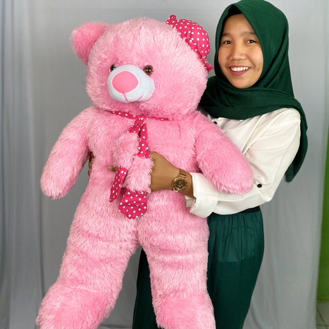 Boneka Teddy Bear jumbo topi syal pink muda