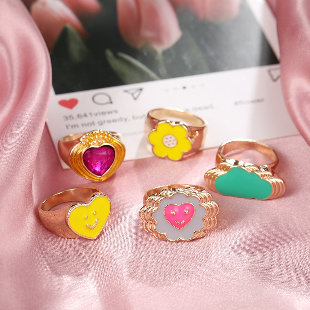 5pcs / Set Cincin Bentuk Bunga Hati Geometris Warna-Warni Gaya Retro Untuk Hadiah