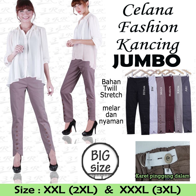 BIGCLO - (COD) Celana Original 3R Fashion Kancing Celana Panjang Wanita Big Size Jumbo Twill Stretch