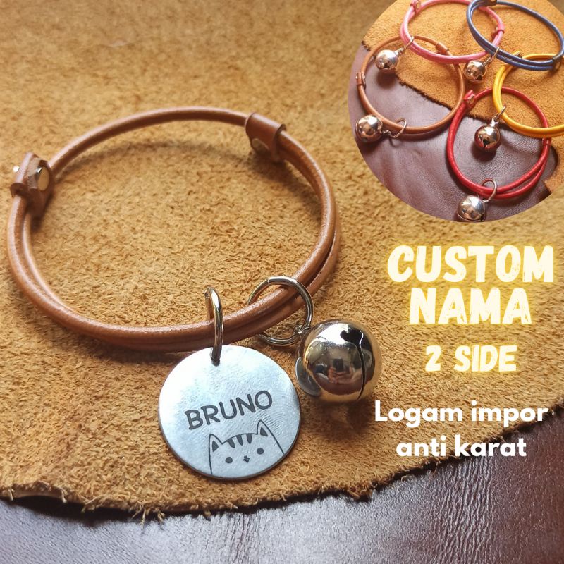 KALUNG KUCING TAG BANDUL CUSTOM NAMA BAHAN LOGAM KULIT ASLI ipet