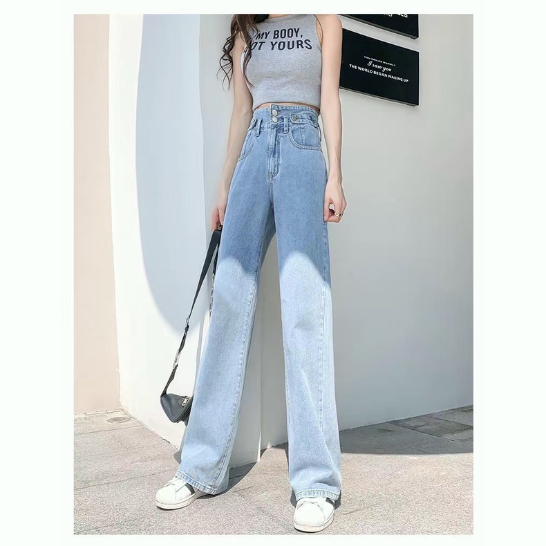 Celana Jeans Panjang straight Lurus Wanita Highwaist kulot  Korea style loose biru muda jens denim  longgar kekinian fit wide leg cewe Jumbo size 5xl