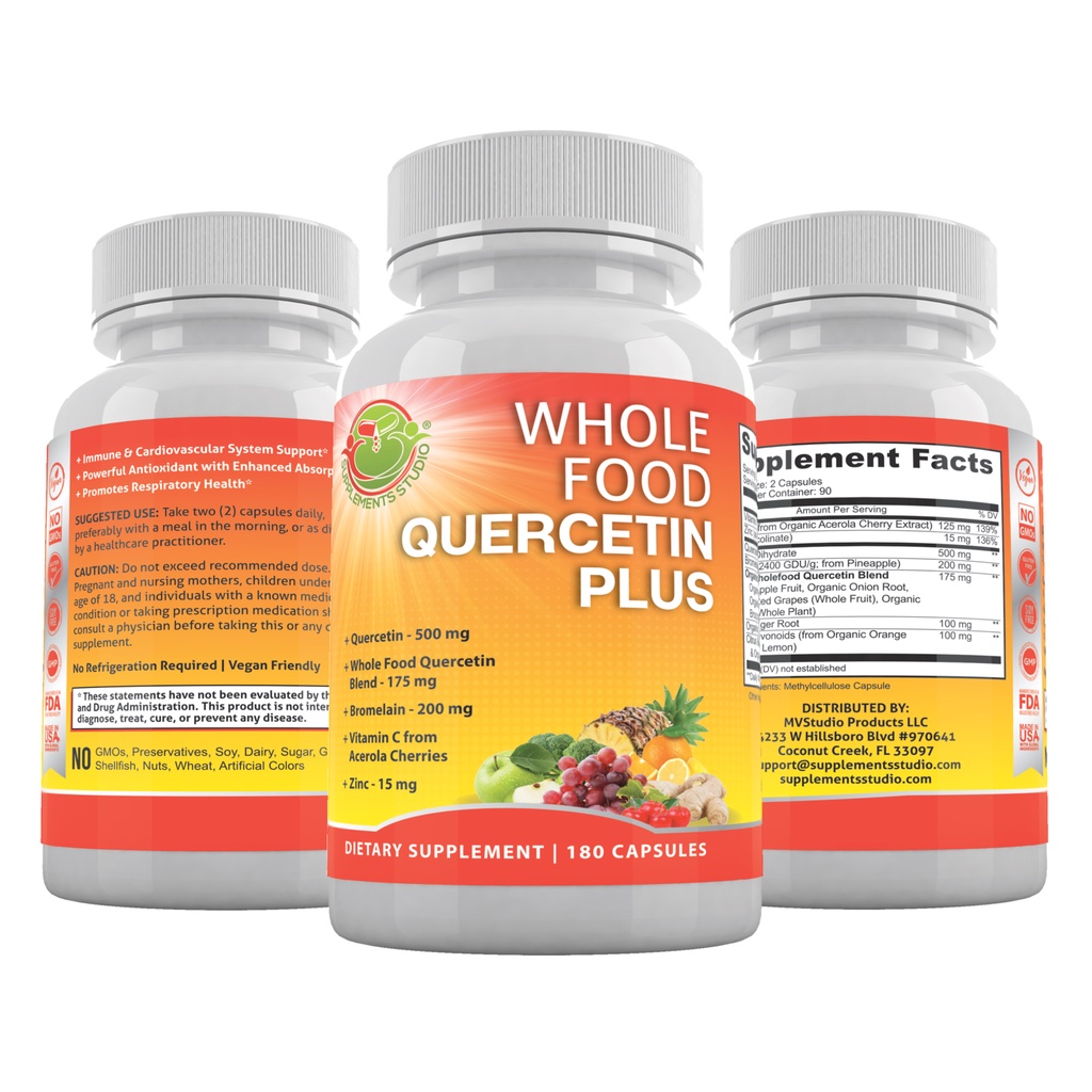Quercetin &amp; Bromelain + ZINC + VITAMIN C + Whole Foods ORGANIC 180 Capsules Supplements Studio USA