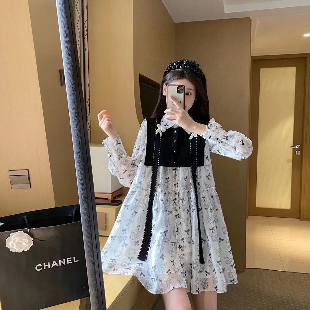 Spring fat sister fashion temperament wind large dress 2022 new versatile retro Hong Kong Style stit