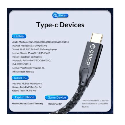 Cable data charger Usb-C to type-c pd with Usb-A connector orico 30cm 0.3m gold 4k 60hz 5A 20Gbps 100w 2in1 aluminum braided acc32-03