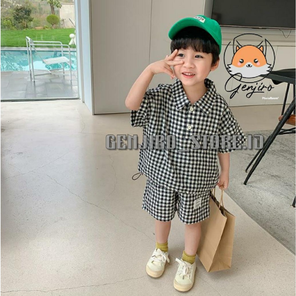 SETELAN ANK LAKI LAKI/ SETELAN WANGKY KOTAK KOTAK/BAWAH TALI +APLIKASI STOPER/BAJU GENJIRO/UNTUK ANAK USIA 1-4 TAHUN/BISA COD