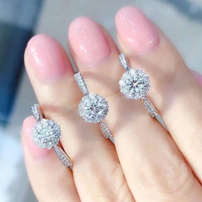 Cincin Desain Bunga Bahan Cubic Zirconia Warna Silver Untuk Wanita