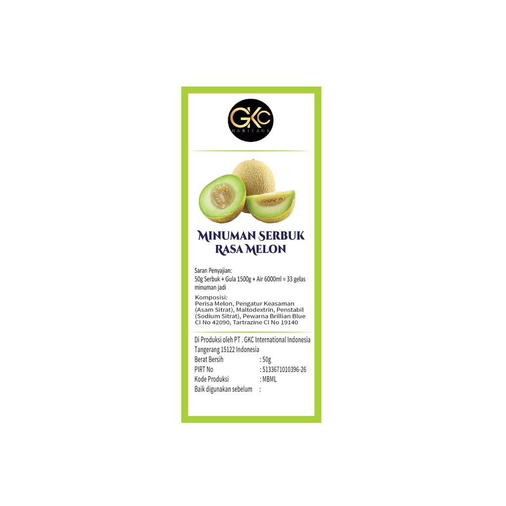 Bubuk Sirup Melon / Honeydew Powder Syrup Serbuk Minuman Powder Drink GKC Heritage Konsentrat 50 gr