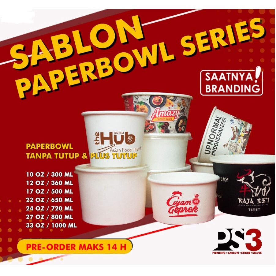 

SABLON PAPERBOWL @200PCS / CUSTOM SABLON PAPERBOWL 10 - 33 OZ @200PCS - Tanpa Tutup