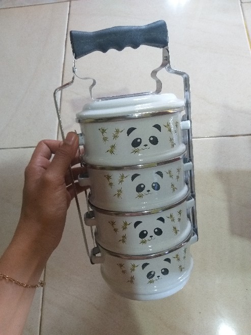 Rantang Enamel Seng Kaleng Jadul 12/4 Putih / Lunch Box Tempat Wadah Makan Enamel 4 Susun Putih