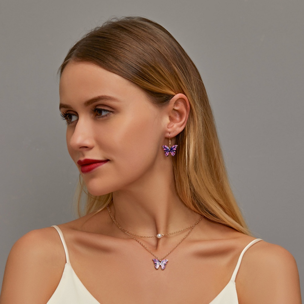 Hu Hu Hu Hu Hu Alat Bantu Pasang Kacamata♡ 2pcs Kalung Rantai Liontin Kupu-Kupu Mutiara Imitasi 2 Lapis Untuk Wanita