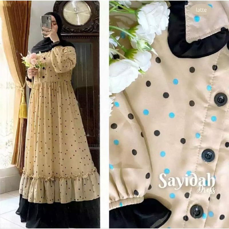 Sayidah Dress Muslim Ceruty Babydool Full Furing Polkadot Gamis Muslimah Kekinian 2021-2