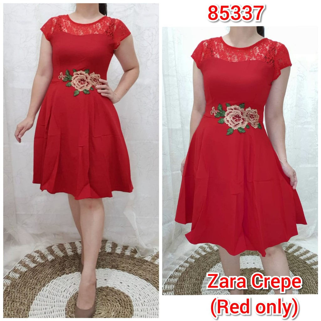 TOTOTAshop.Dress wanita dewasa GISEL 85337 (KHUSUS MERAH) Bahan crepe kombi brukat bunga aplikasi.