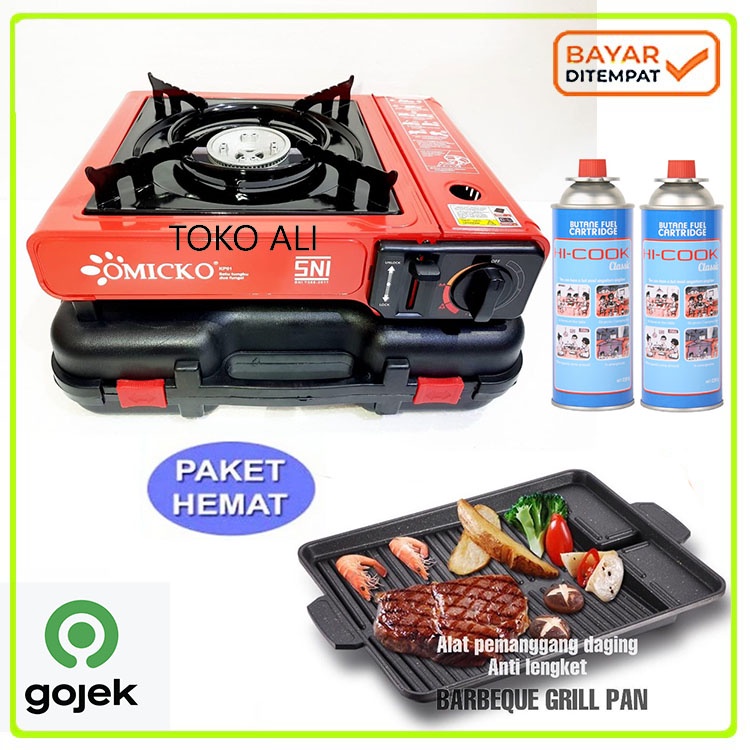 PEKET Barbeque Set Kompor Portable  OMICKO / MYVO / WELHOME + Tas Koper + BBQ Grill plat + Gas FREE BUBBLE WARP