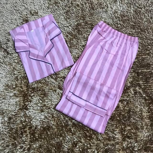 Piyama Dewasa Wanita Baju  Tidur  Salur Pink Katun Eropa  