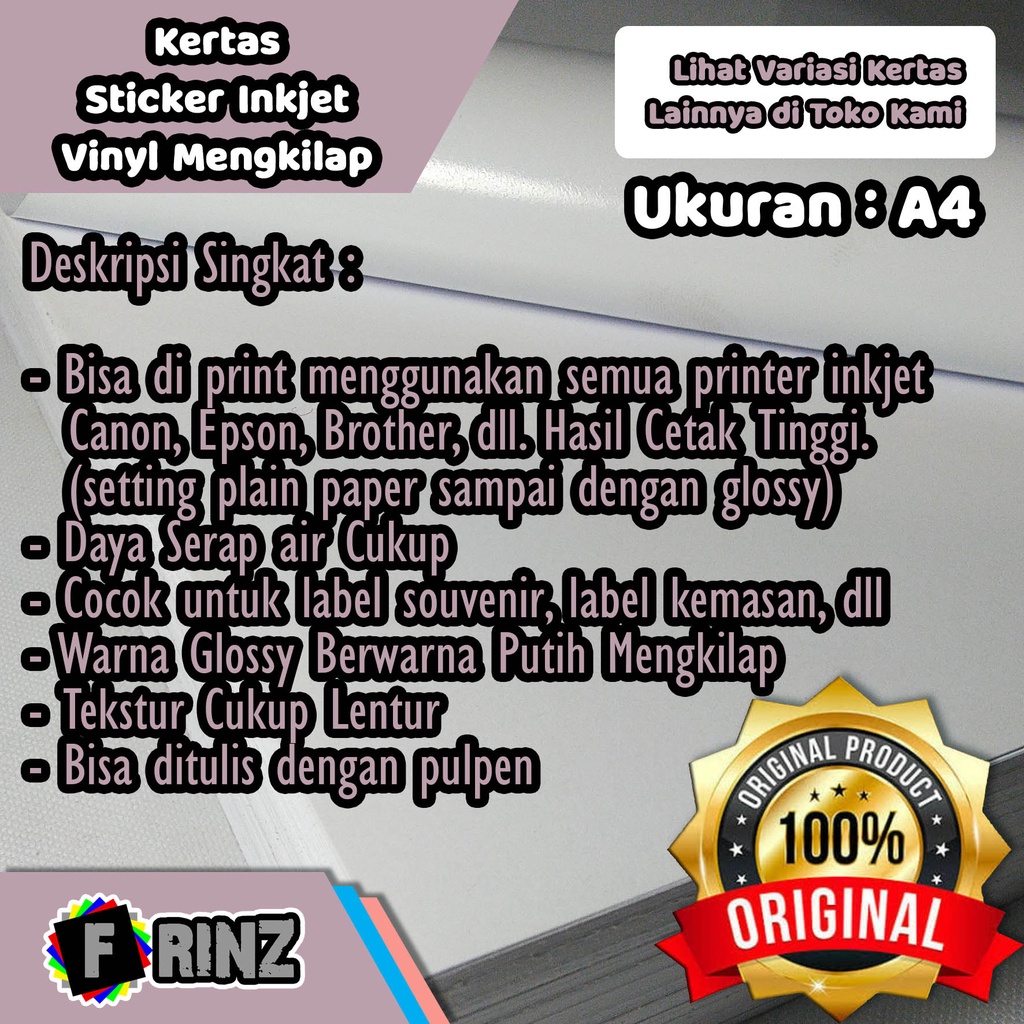 

Kertas Sticker Inkjet Vinyl A4 A5 A6 120 Gram / Stiker Vinil Mengkilap Putih HQ Cocok Semua Printer 120 Gsm