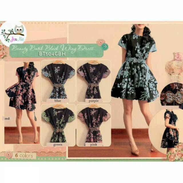 Dress Wing Black Batik Sabuk Patung Cantik Pesta Wanita Feminim Motif Bunga Hitam Cibulan Melati