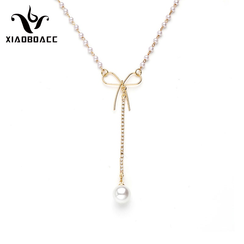 XiaoboACC Kalung Rantai Dengan Liontin Pita + Mutiara Gaya Korea Untuk Wanita 48.4CM+5.3CM