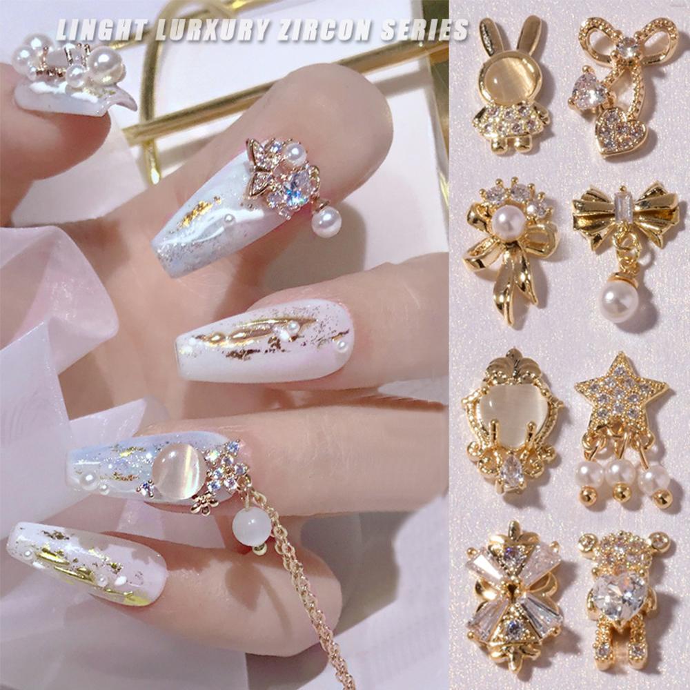 Rebuy Kuku Rhinestones Mewah DIY Mutiara Opal Manikur Alat Logam Zirkon Kristal Liontin Rantai