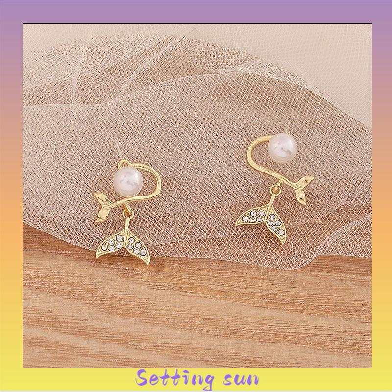 Pearl Fishtail Back Hanging Earrings Wanita High-end Cahaya Mewah Penuh Berlian Anting Geometris TN