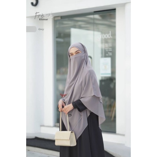 (BISA COD) NEHA FRENCH KHIMAR DAILY JUMBO SYARI BY KHUMAIRA-Grey