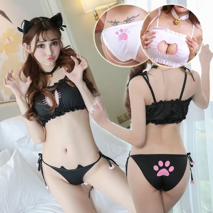 LI-114 sexy cosplay cat lingerie baju tidur bra set kucing neko nekomimi