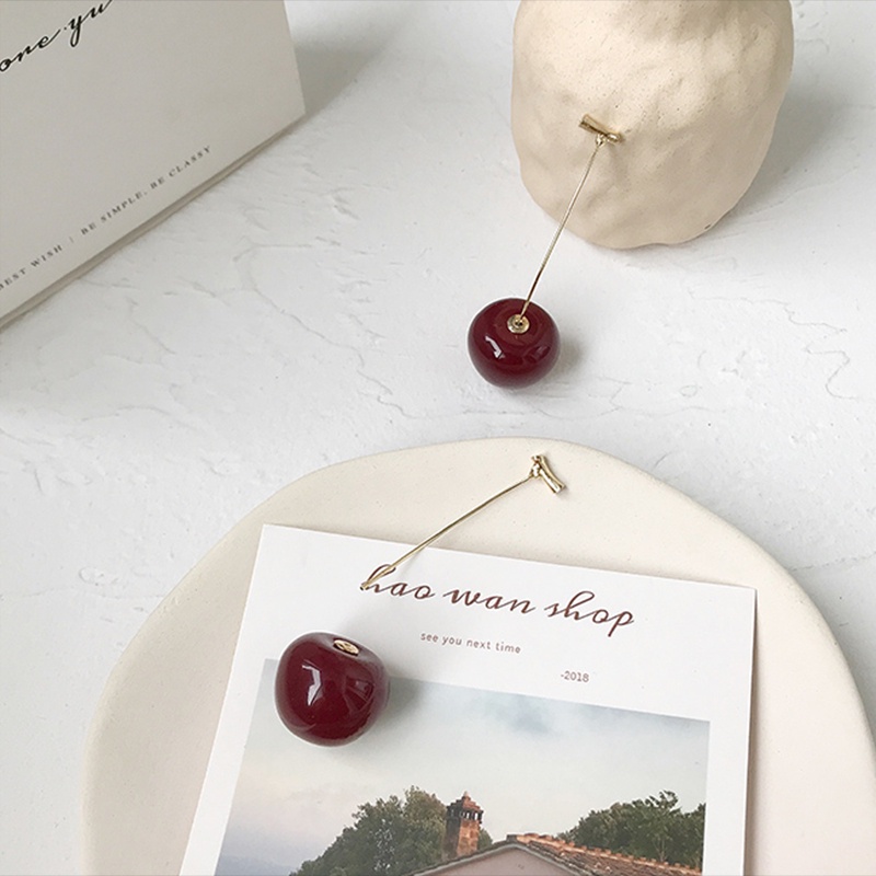 Anting Stud Panjang Desain Buah Cherry Bahan Resin Gaya Korea