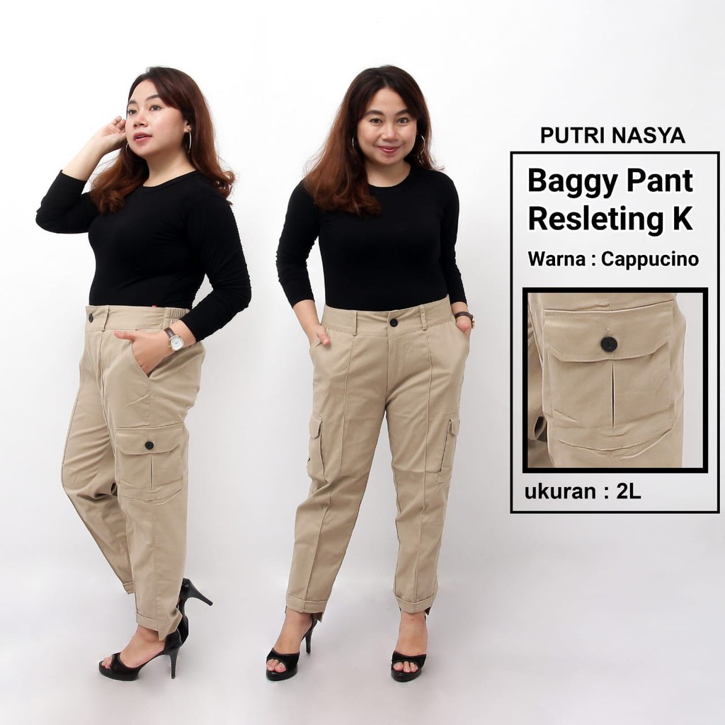 Celana Baggy Pant K Super Jumbo XXL, 4L, 5L, 6L, 8L Chino Stret Resleting Cream Moca Capucino Hitam / Celana Kerja Wanita Jumbo / Celana Kantor Big Size Wanita / Celana Karet Katun Kekinian / Celana Bahan Formal Seragam Wanita Super Big