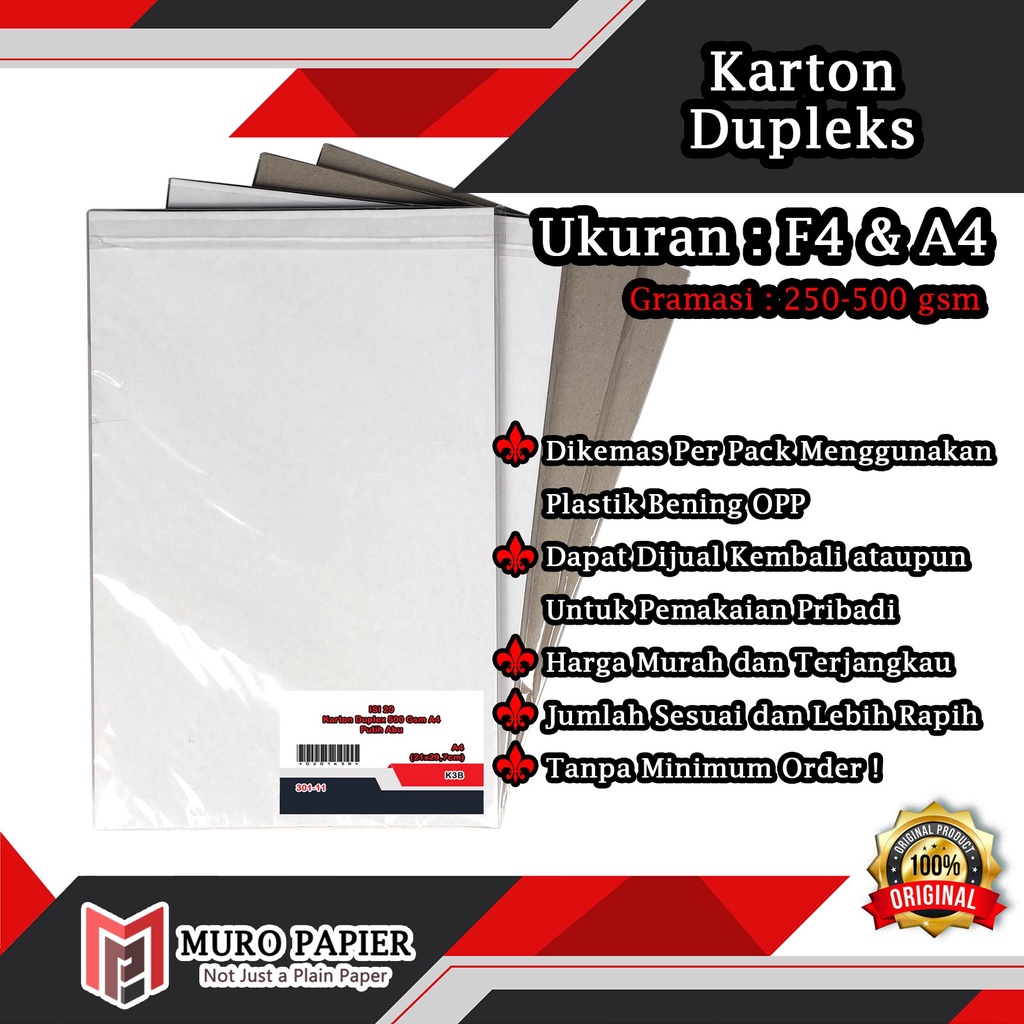 

( PER PAK - ISI 20 ) Karton Dupleks 250 - 500 gsm A4 F4 - by Muro Papier