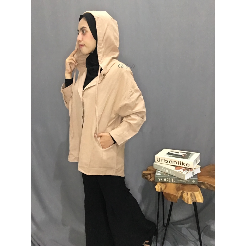 Ezpata Atasan Kemeja Outer Hoodie Wanita Polos Full kancing XL BB 50-80kg LD 114cm Bahan Katun Linen