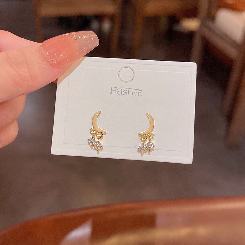 Anting Tusuk Sterling silver 925 Desain Bintang / Bulan Hias Zircon Untuk Wanita