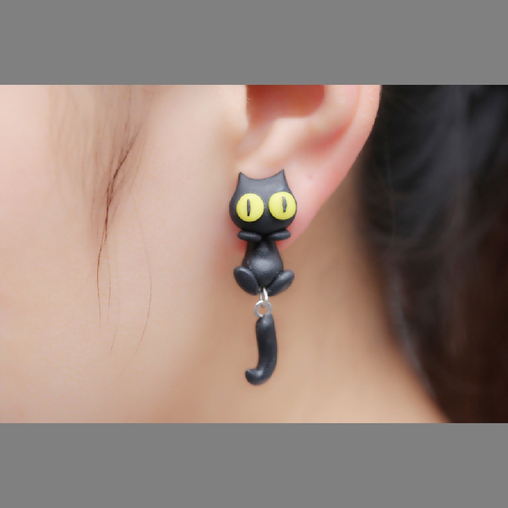 1 Pasang Anting Tusuk Bentuk Kucing Bahan Polymer Clay Untuk Wanita