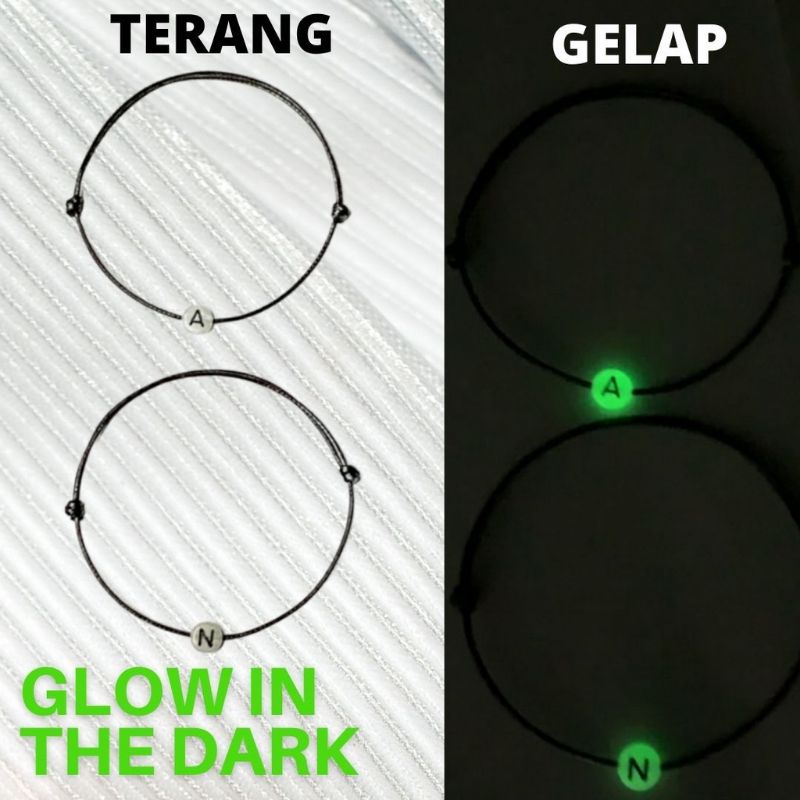 (GRATIS) GELANG TALI COUPEL COSTUM INISIAL GLOW IN THE DARK di gelap bisa nyala Gelang costum / gelang inisial / gelang persahabatan / gelang huruf / gelang nama / gelang viral