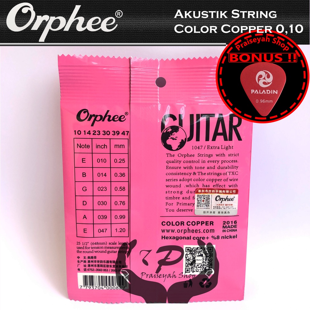 Senar Gitar Warna Akustik String 010 Orphee TX 620 C Color Copper TX620C