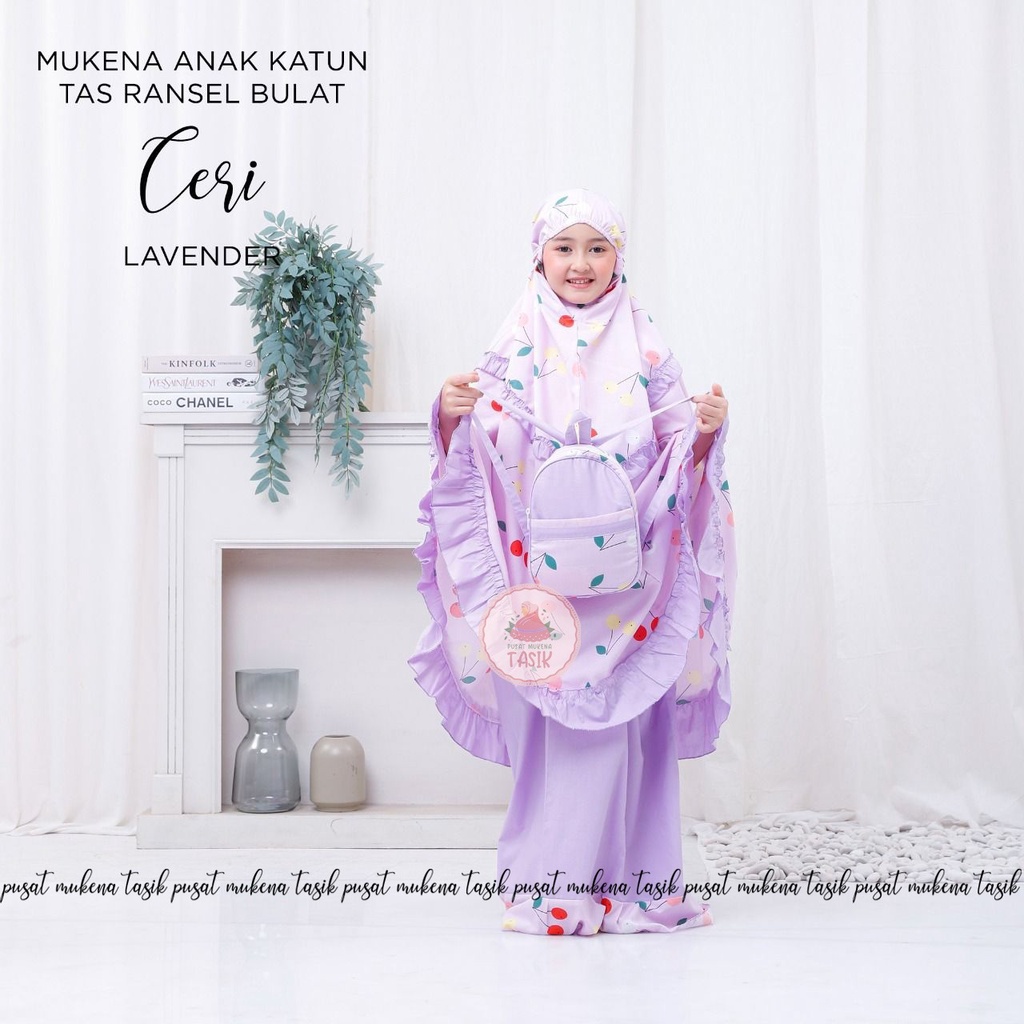 PUSAT MUKENA TASIK - MUKENA ANAK KATUN TAS BULAT MOTIF CERI LAVENDER